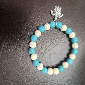 Turquoise and Cream Beaded Bracelet with Silver Turtle Charm